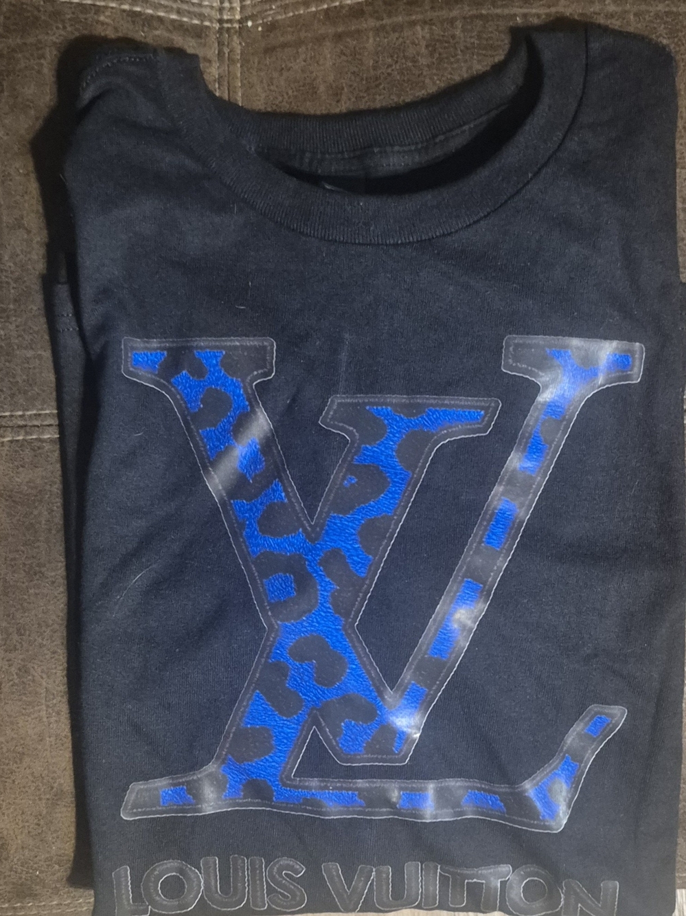 Louis Vuitton Black Tee with Blue Leopard LV Motif